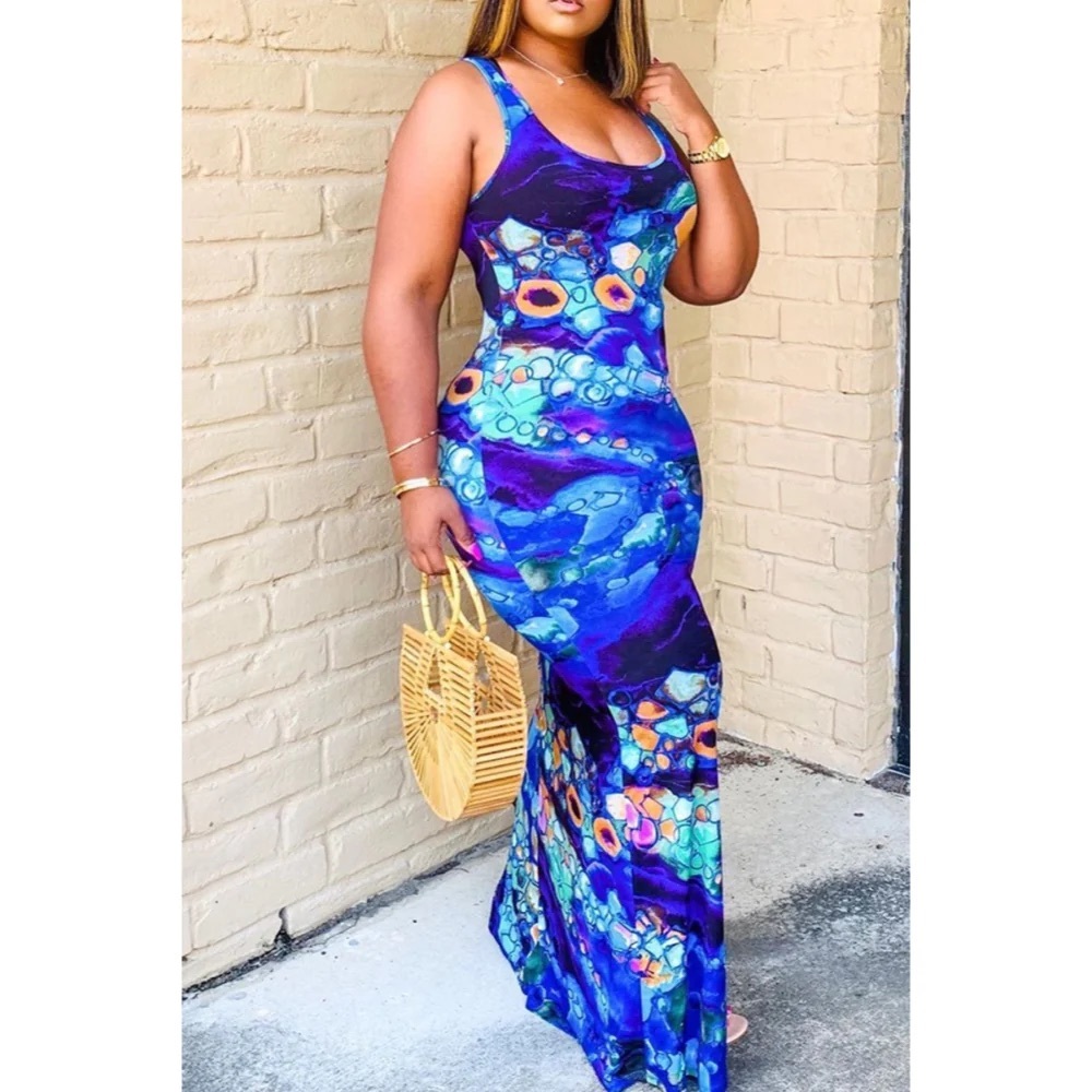 Blue long  tie dye maxi dress
